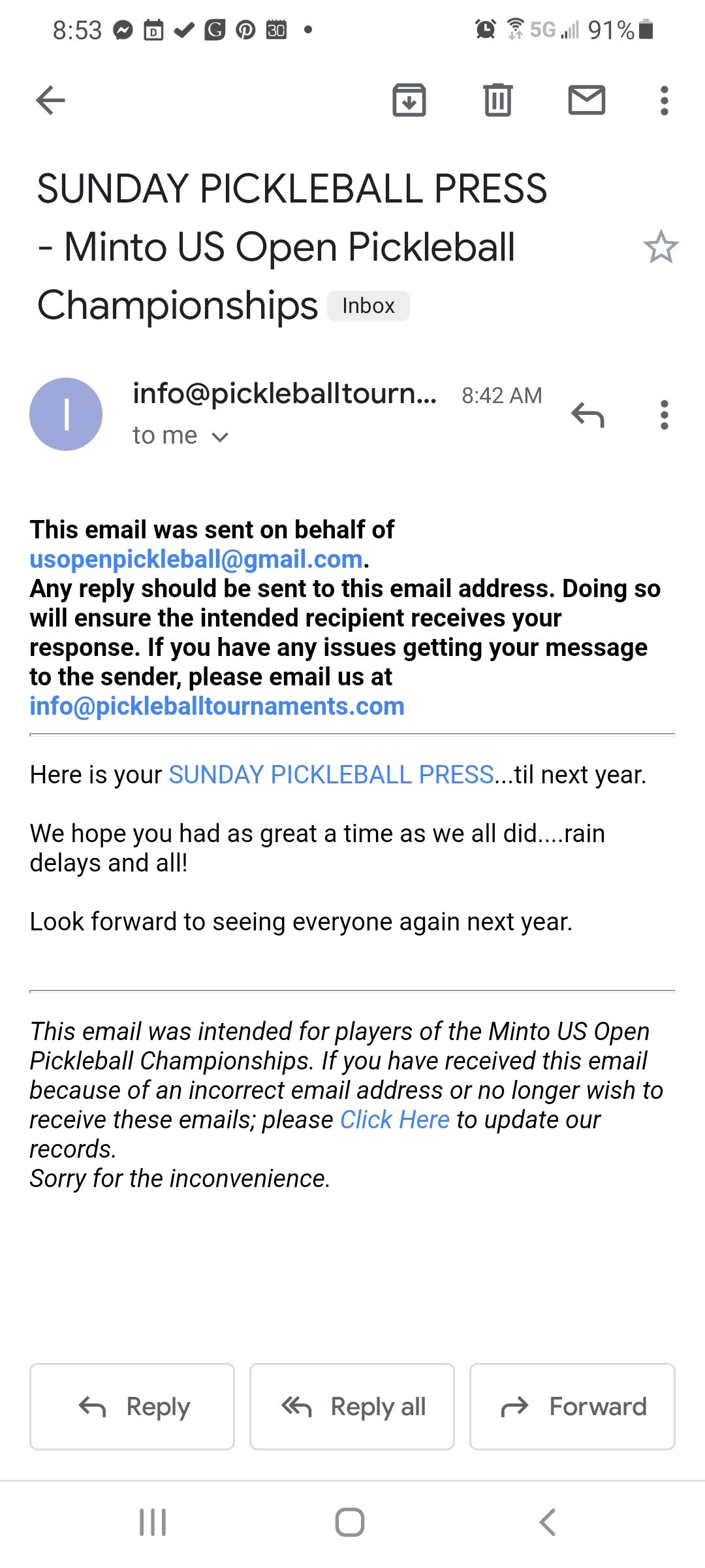 Daily emails from US Pickleball Open