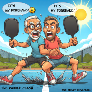 Cartoon of two men fighting over the middle of a pickleball court