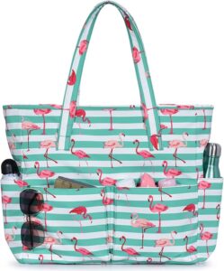 adorable beach bag with pink flamingos