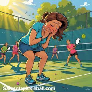 Cartoon of woman feeling ill on a court 