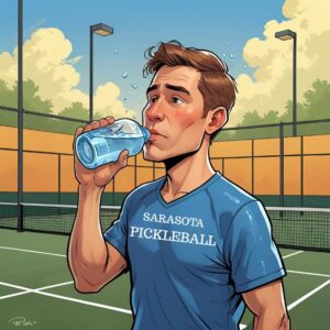 Cartoon of man drinking water on a pickleball court and sarasota pickleball is printed on his shirt
