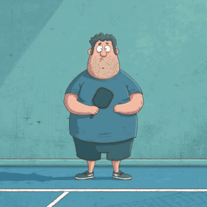 A cartoon of an chubby pickleball player