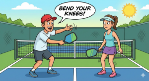 An image of a cartoon of two players with one yelling at the other one on a pickleball court saying bend your knees.