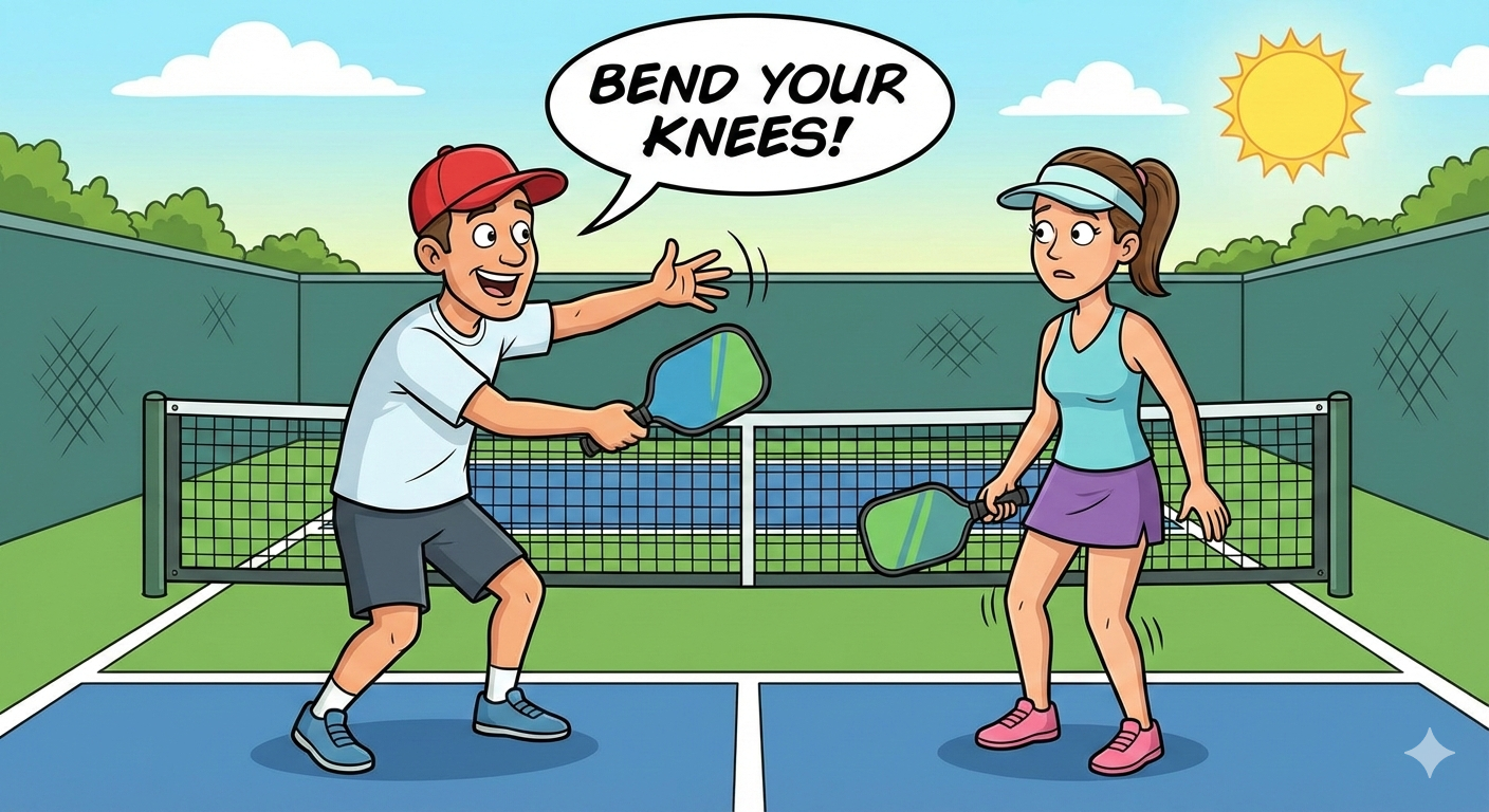 An image of a cartoon of two players with one yelling at the other one on a pickleball court saying bend your knees.