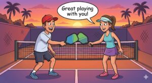 a sunset scene on a pickleball court with two players tapping paddles