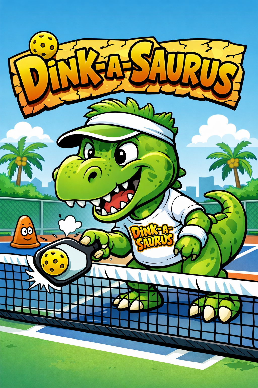 an image of a dinosaur cartoon called a dinkasaurus. It's a joke by Pickleball Terry