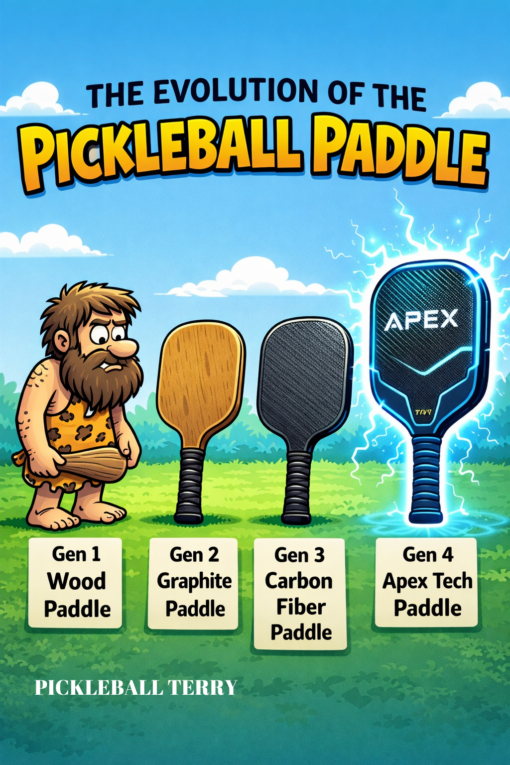 a cartoon of a cave man showing the evolution of pickleball paddles