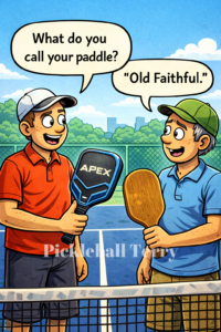 A cartoon by Pickleball Terry of two men on the pickleball court