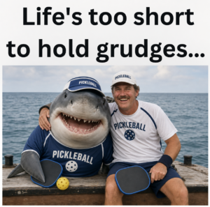 An image of a shark and a man in pickleball gear with their arms around each other.