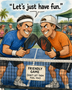 a cartoon of 2 men sparring off at the net 
