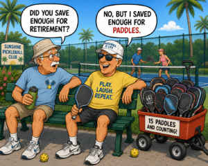 Two senior men on a bench and one says did you save enough for retirement. The other man says, no, but I saved enough for pickleball paddles.