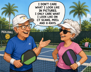 Pickleball cartoon with man and woman talking on a pickleball court