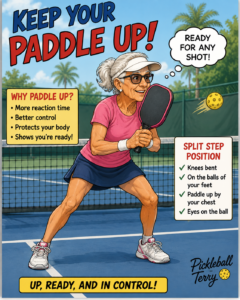 A info with a senior woman playing pickleball and the caption reads Paddle up