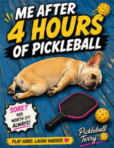 A cartoon of a dog lying on a floor looking exhausted. The caption reads, Me after 4 hours of pickleball.